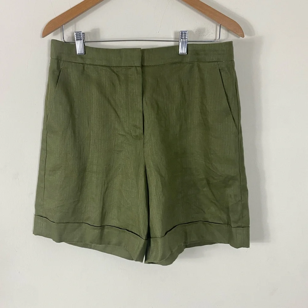J. CREW Cuffed Linen Bermuda Shorts Olive Green - 4